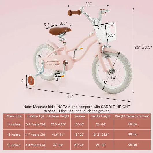 14 Inch Kid's Bike with Removable Training Wheels and Basket-Pink