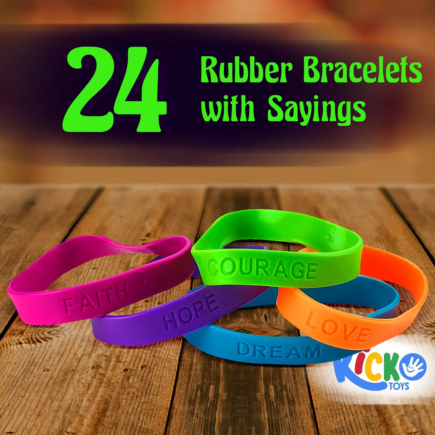 Kicko 24 Rubber Bracelets with Sayings 8 Inches Diameter, Wristband, Assorted Colors