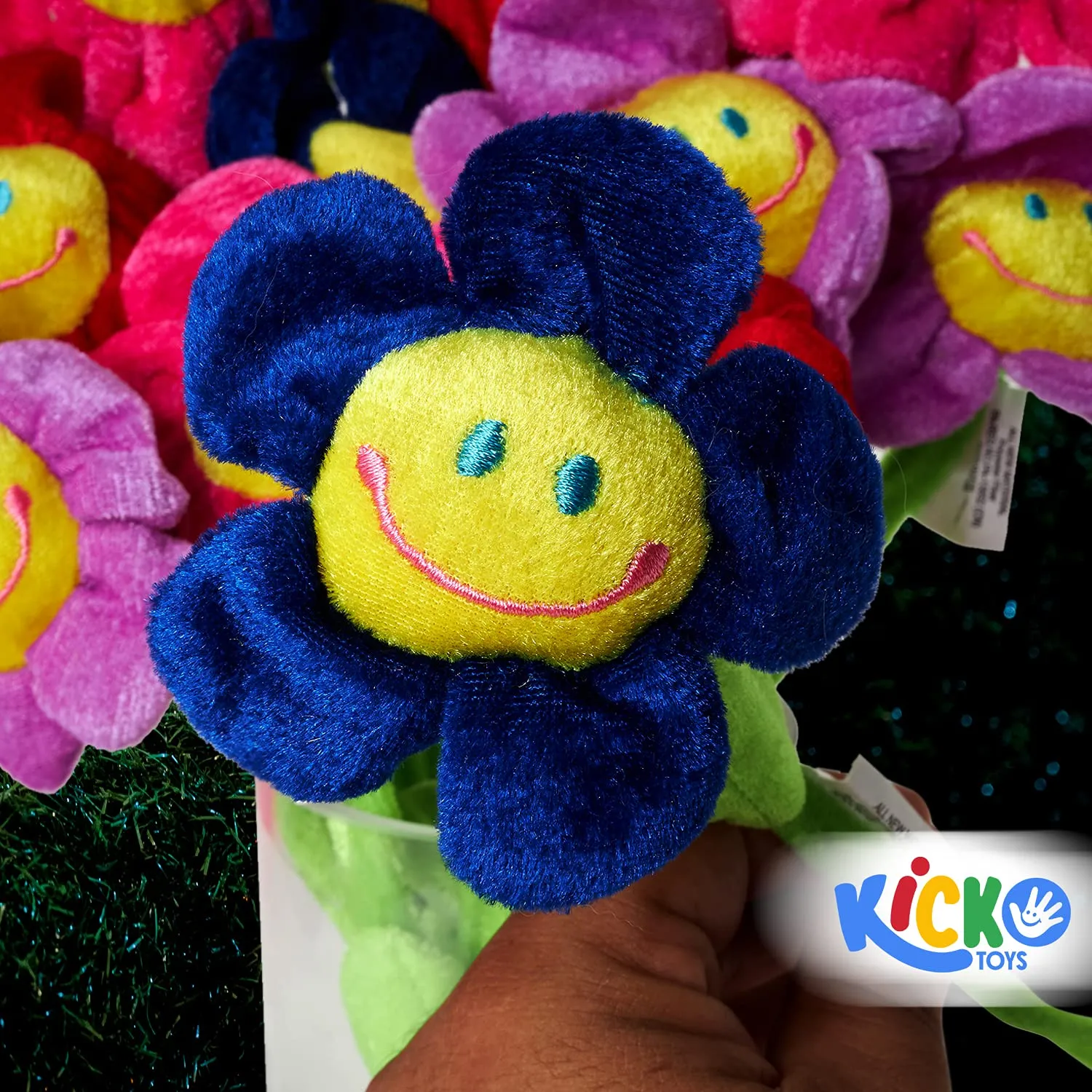 12-Pack Kicko Smiling Daisy Plush Set - 13-Inch Sunflowers with Assorted Colors and Long Bendable Stems