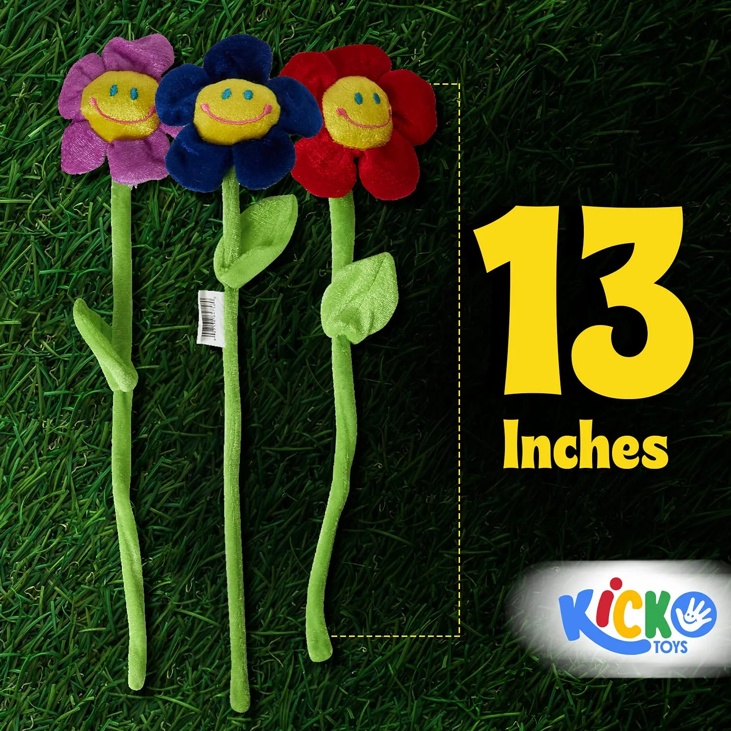 12-Pack Kicko Smiling Daisy Plush Set - 13-Inch Sunflowers with Assorted Colors and Long Bendable Stems