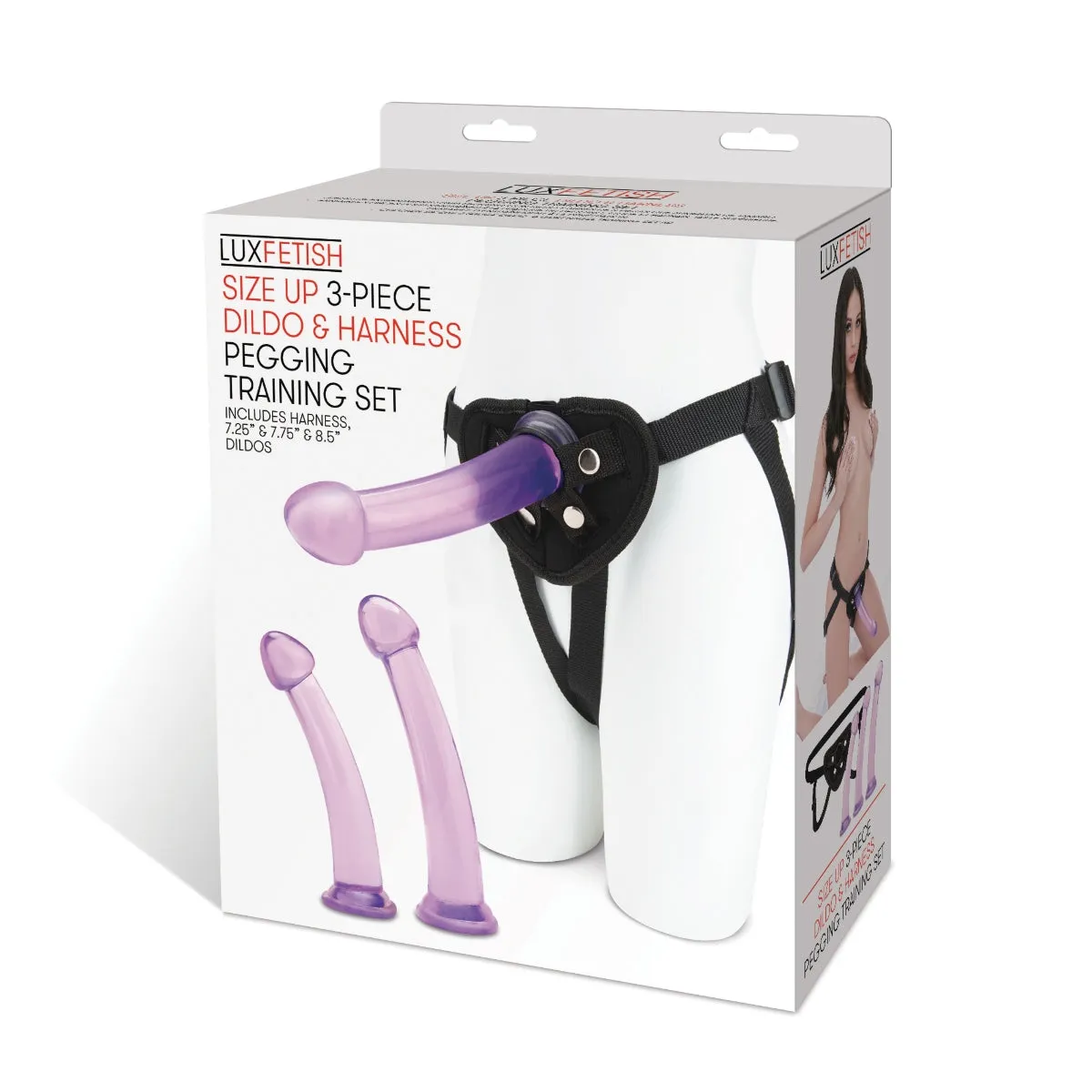 Lux Fetish Size Up 3 Piece Dildo & Harness Pegging Training Set Black Purple