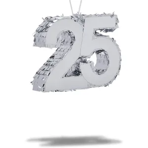 Mini Pinata for 25th Birthday Party, Silver Foil Number 25 (6 x 6 x 2 In)