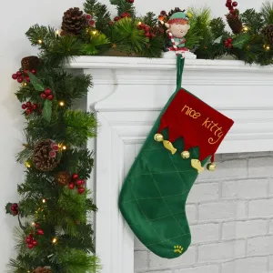 Nice Kitty Pet Cat Christmas Stocking Red & Green Fabric