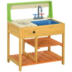 Outsunny Mud Kitchen Outdoor Kitchen Playset for Kids Wooden with Realistic Play Kitchen Toys, Faucet and Sink, Storage Shelves, Gift for Girls and Boys Aged 3-8 Years Old